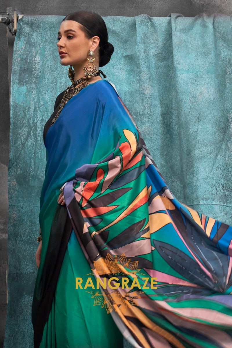 Elegant Blue And Green Printed Satin Crepe Saree
