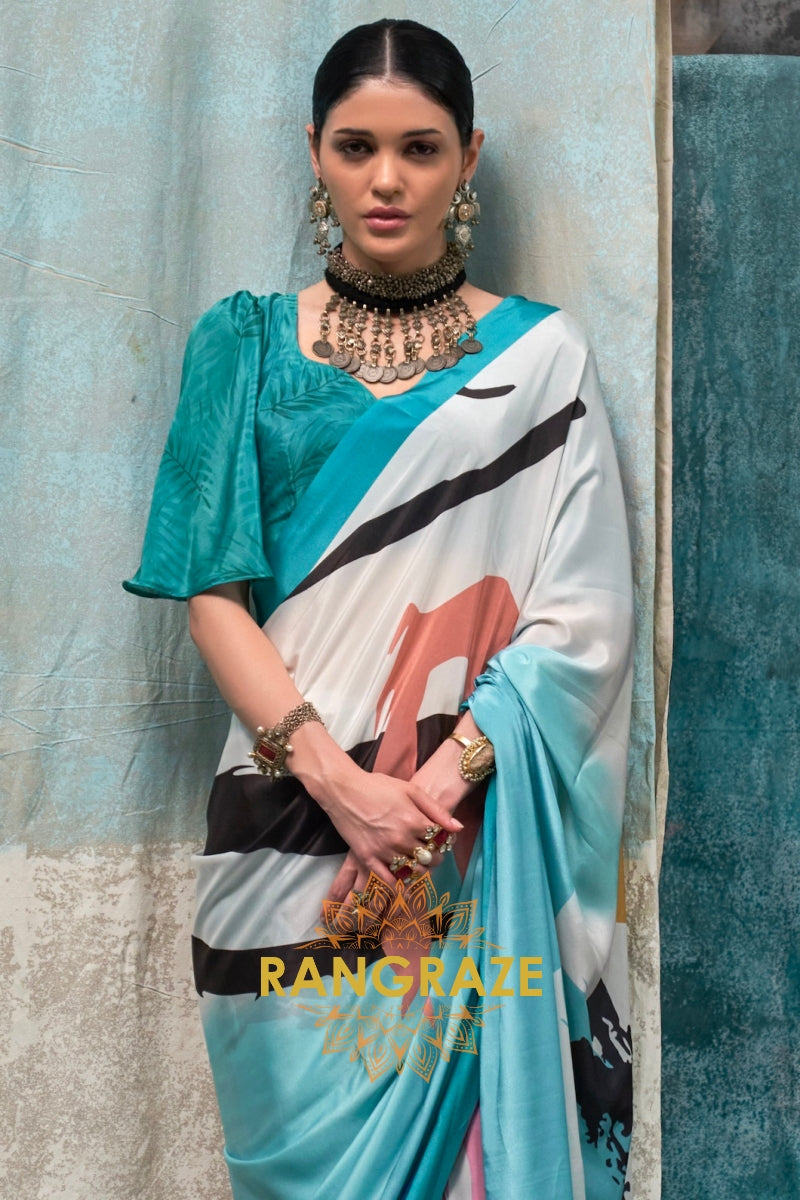 Aqua And White Abstract Printed Satin Crepe Saree