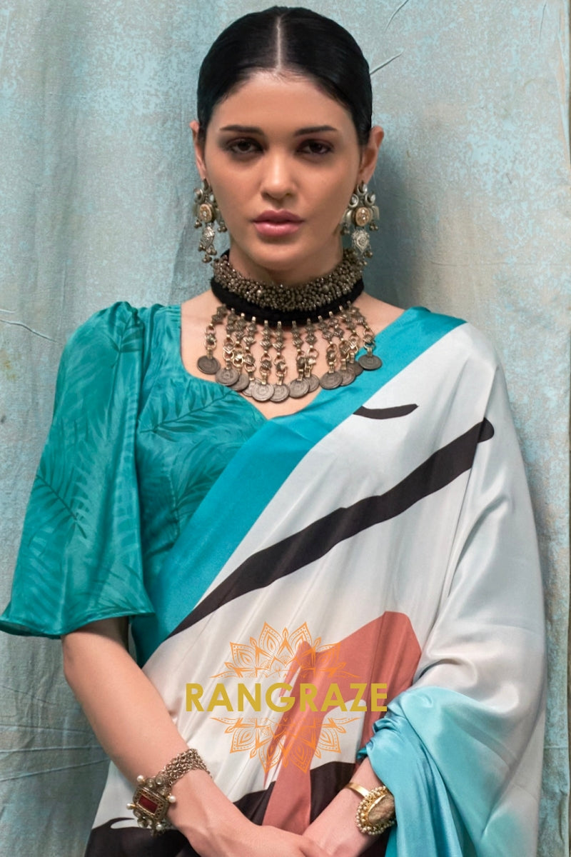 Aqua And White Abstract Printed Satin Crepe Saree