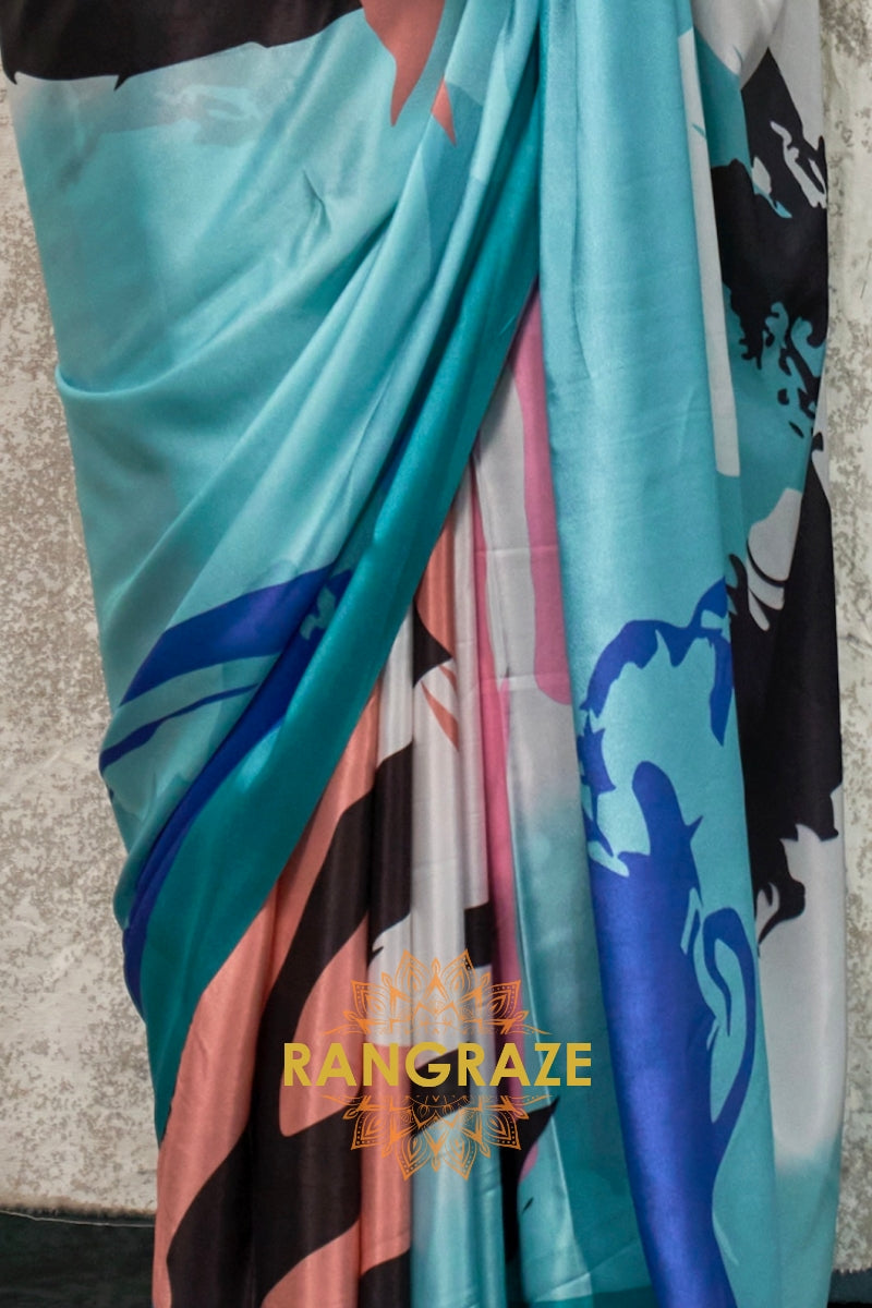 Aqua And White Abstract Printed Satin Crepe Saree