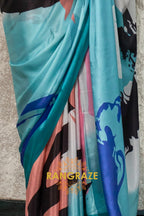 Aqua And White Abstract Printed Satin Crepe Saree