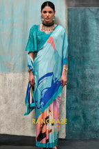 Aqua And White Abstract Printed Satin Crepe Saree