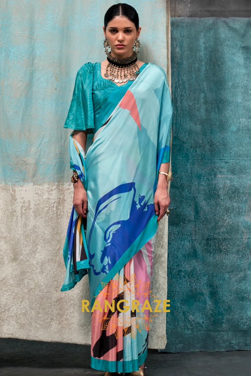Aqua And White Abstract Printed Satin Crepe Saree