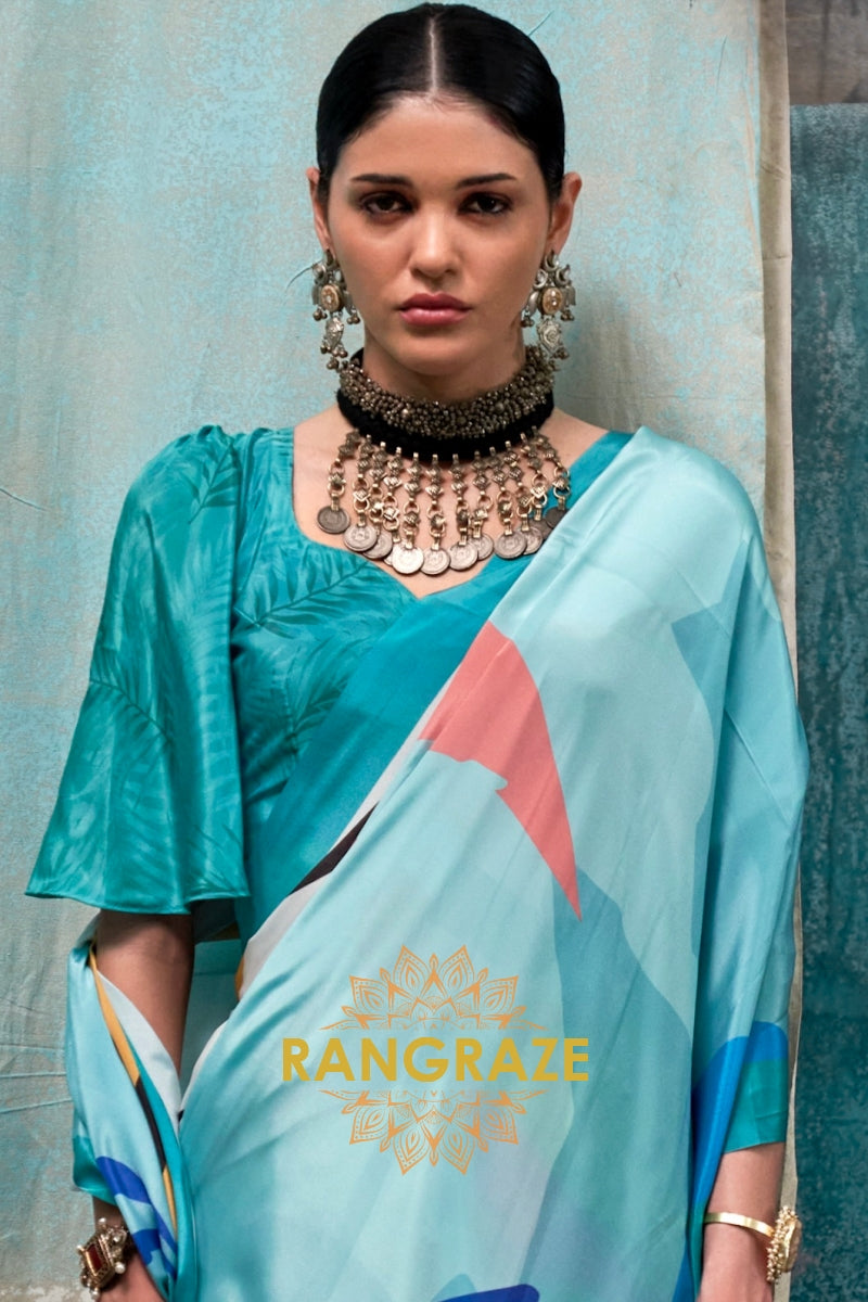 Aqua And White Abstract Printed Satin Crepe Saree