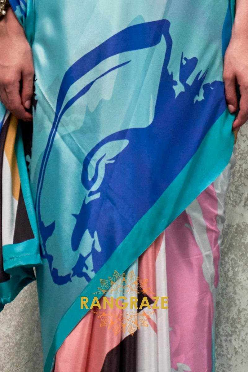 Aqua And White Abstract Printed Satin Crepe Saree