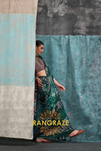 Emerald Green And Pink Bandhani Printed Satin Crepe Saree