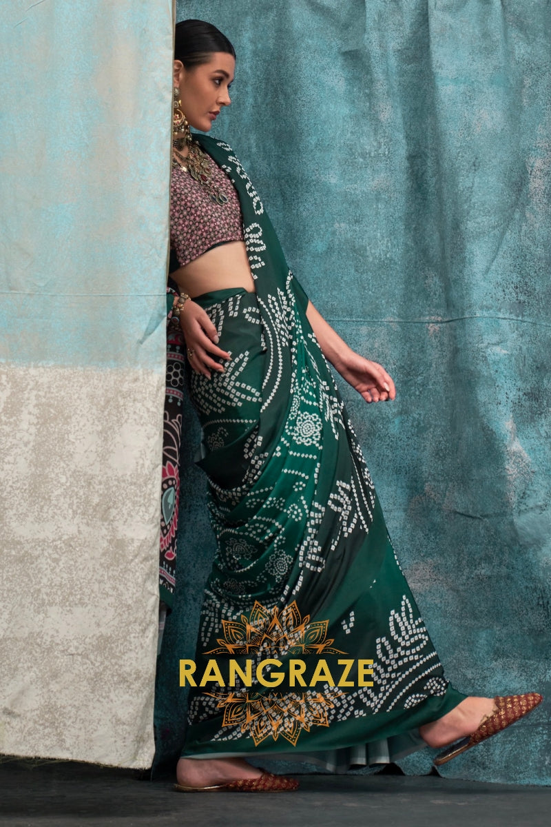 Emerald Green And Pink Bandhani Printed Satin Crepe Saree