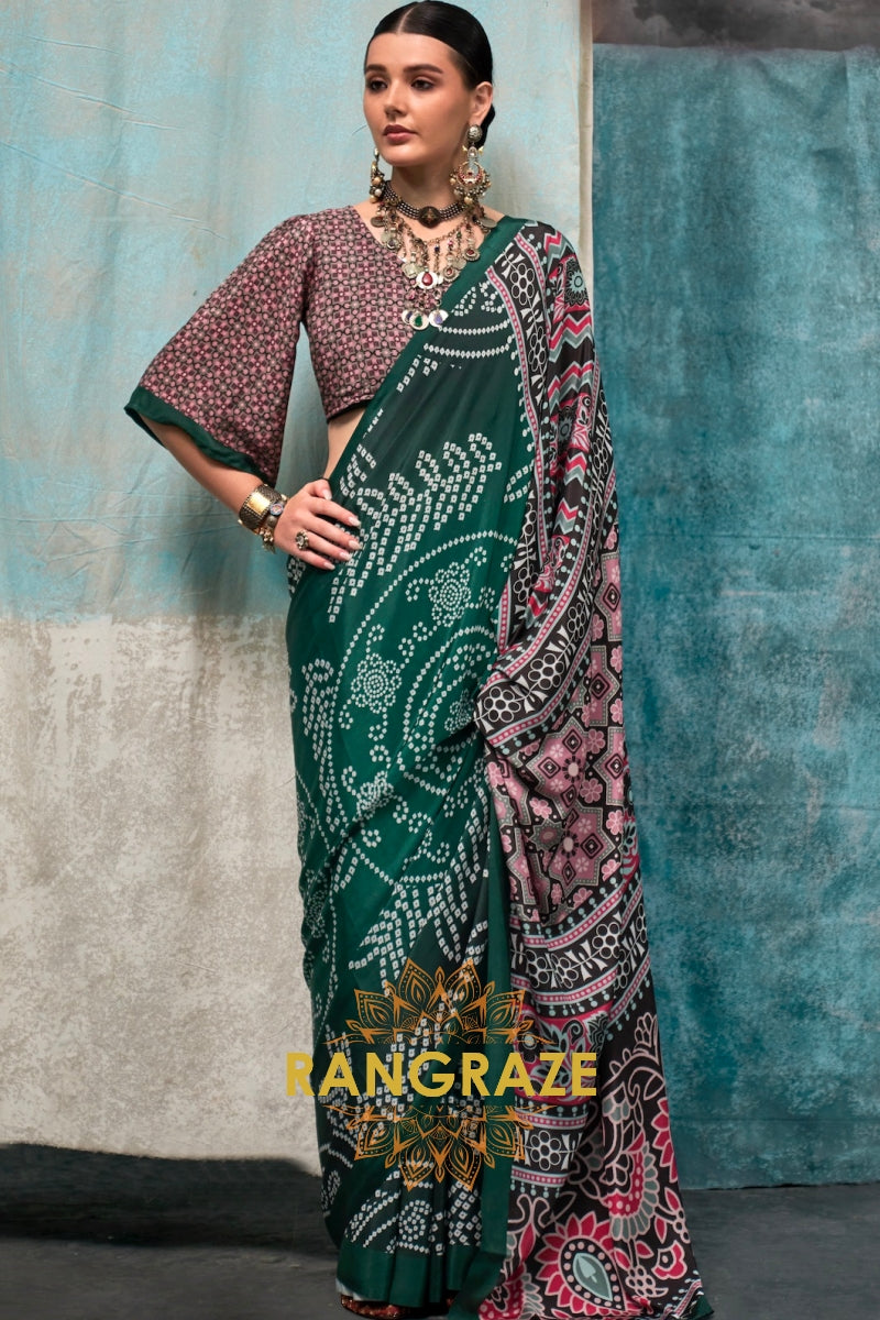 Emerald Green And Pink Bandhani Printed Satin Crepe Saree