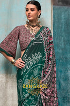 Emerald Green And Pink Bandhani Printed Satin Crepe Saree