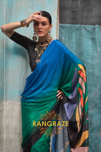 Elegant Blue And Green Printed Satin Crepe Saree