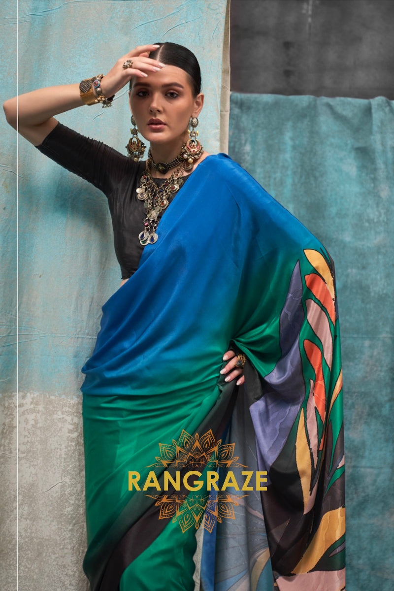 Elegant Blue And Green Printed Satin Crepe Saree