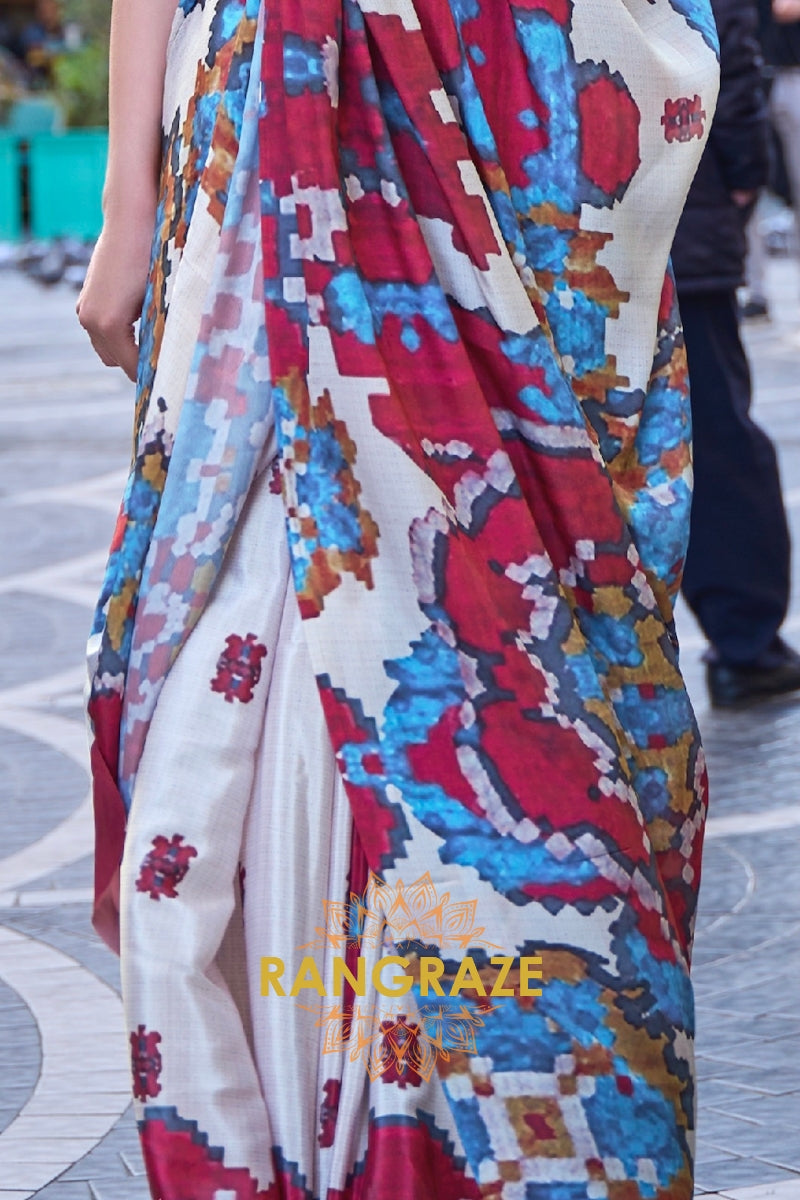 Pearly White Apex Pure Satin Silk Digital Print Saree