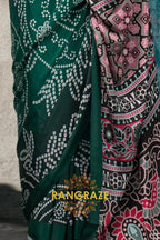 Emerald Green And Pink Bandhani Printed Satin Crepe Saree