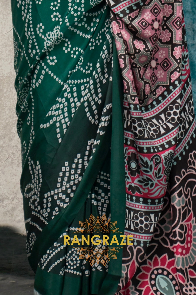 Emerald Green And Pink Bandhani Printed Satin Crepe Saree