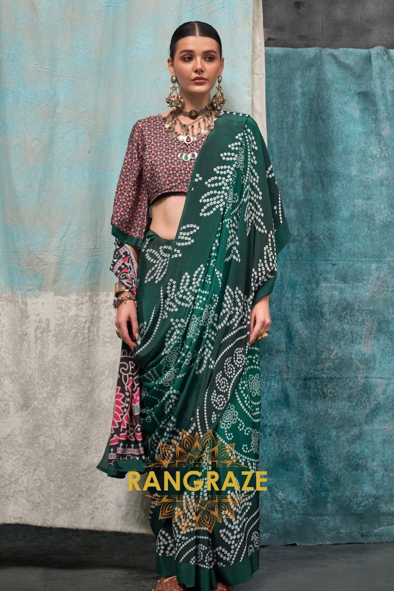 Emerald Green And Pink Bandhani Printed Satin Crepe Saree