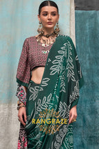 Emerald Green And Pink Bandhani Printed Satin Crepe Saree