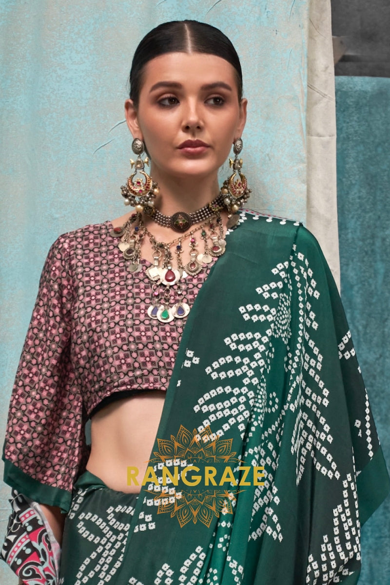 Emerald Green And Pink Bandhani Printed Satin Crepe Saree