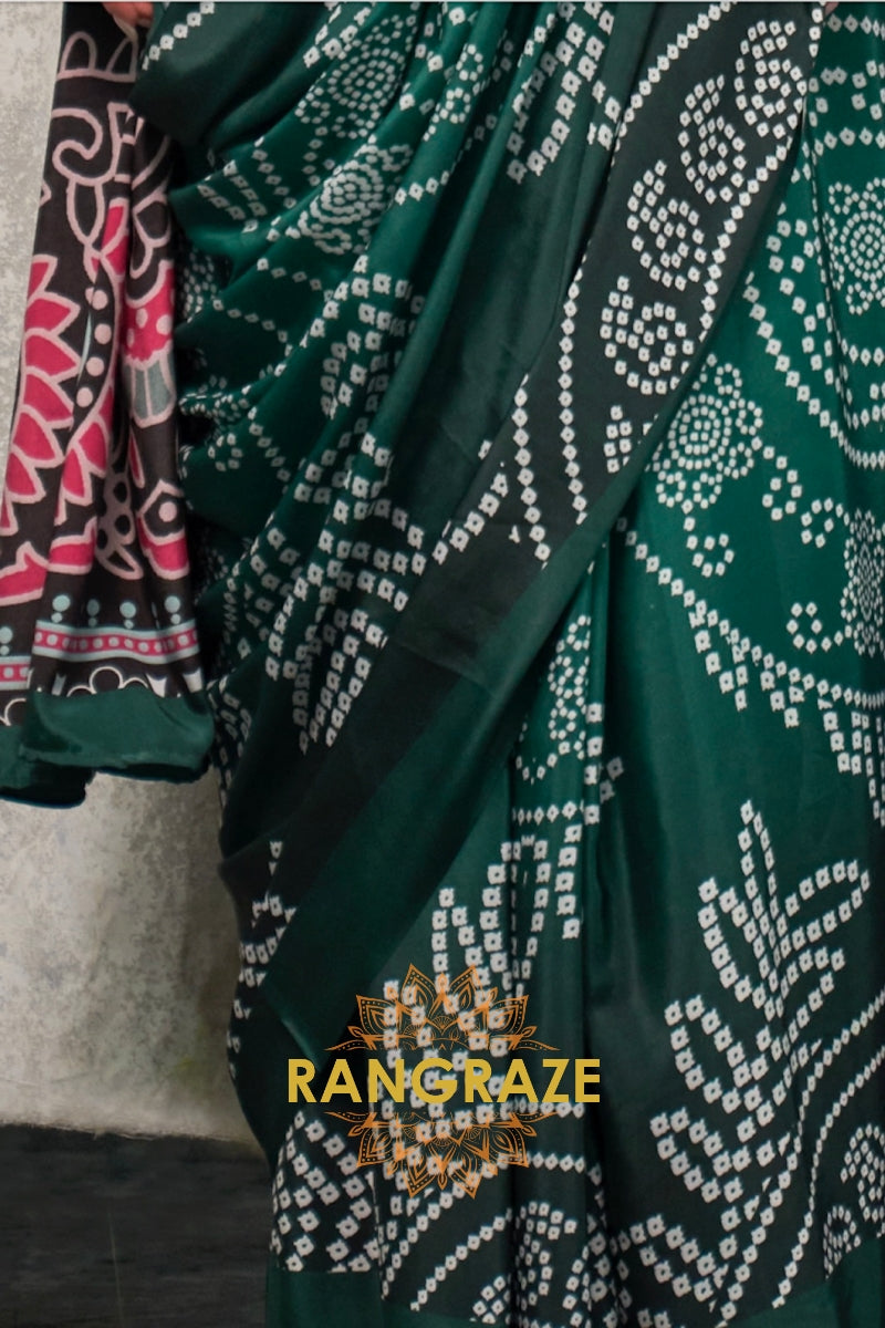 Emerald Green And Pink Bandhani Printed Satin Crepe Saree