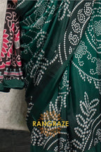 Emerald Green And Pink Bandhani Printed Satin Crepe Saree