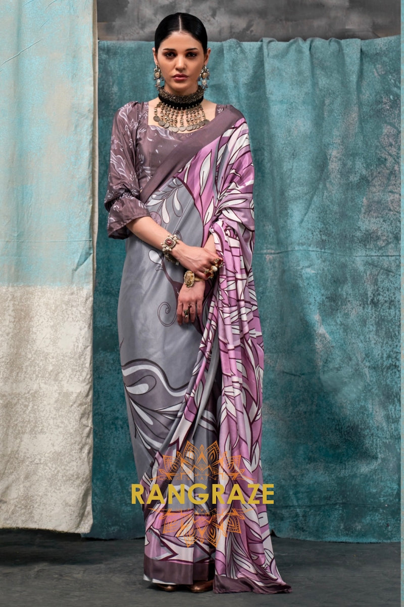 Lavender And Grey Abstract Printed Satin Crepe Saree