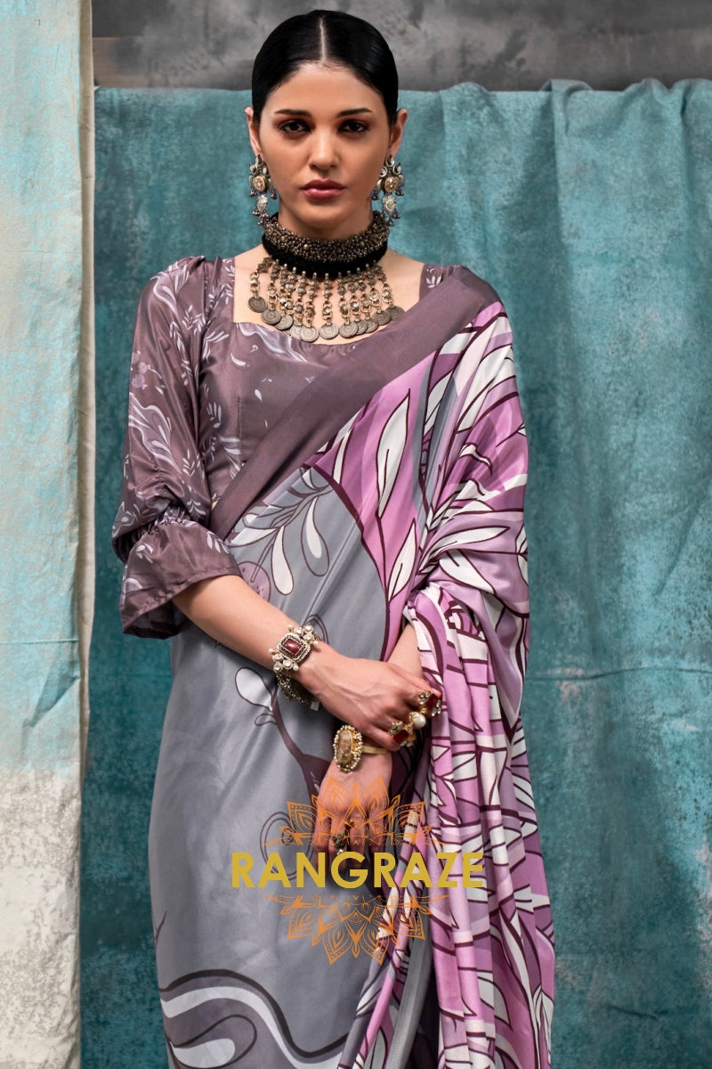 Lavender And Grey Abstract Printed Satin Crepe Saree
