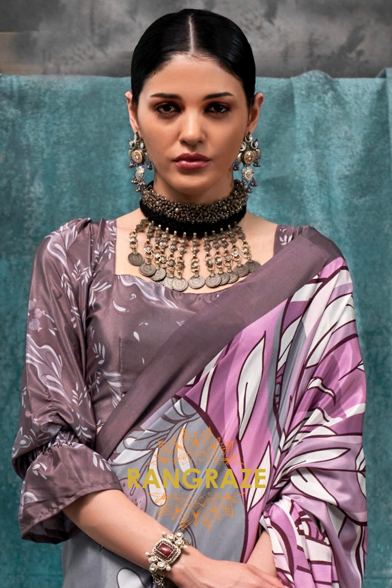 Lavender And Grey Abstract Printed Satin Crepe Saree