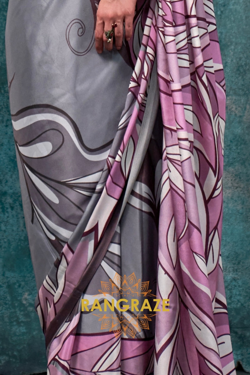 Lavender And Grey Abstract Printed Satin Crepe Saree