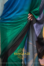 Elegant Blue And Green Printed Satin Crepe Saree