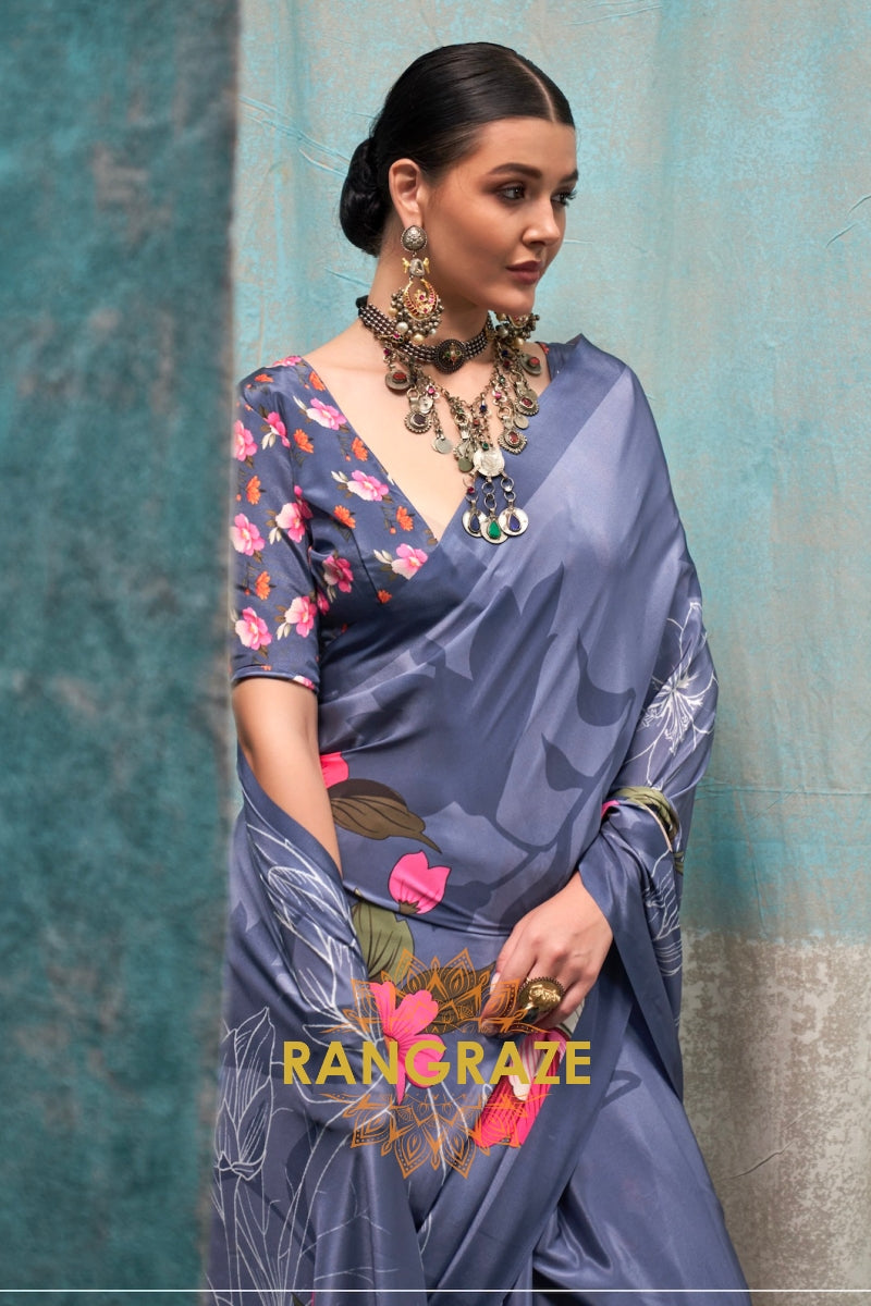 Dusty Blue And Pink Floral Satin Crepe Saree