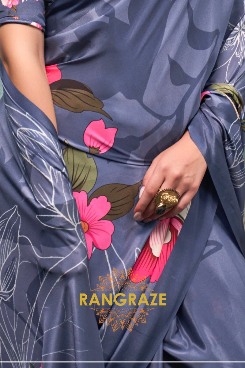Dusty Blue And Pink Floral Satin Crepe Saree
