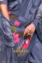 Dusty Blue And Pink Floral Satin Crepe Saree