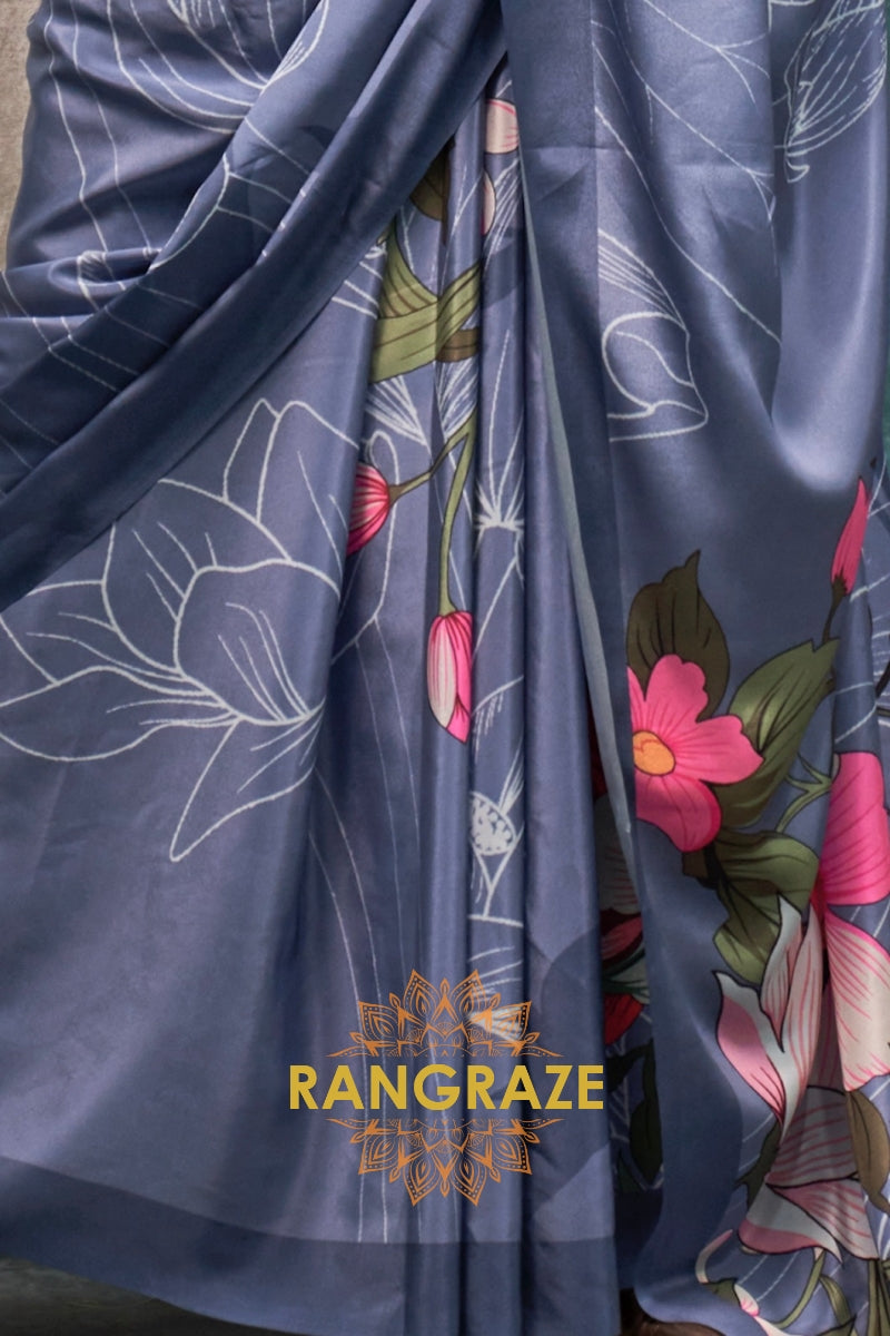 Dusty Blue And Pink Floral Satin Crepe Saree