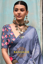 Dusty Blue And Pink Floral Satin Crepe Saree