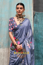 Dusty Blue And Pink Floral Satin Crepe Saree