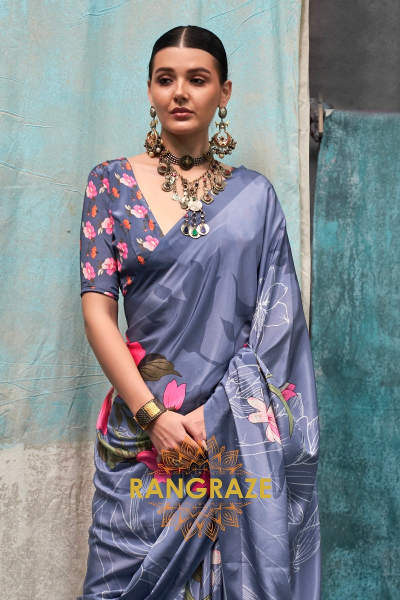 Dusty Blue And Pink Floral Satin Crepe Saree