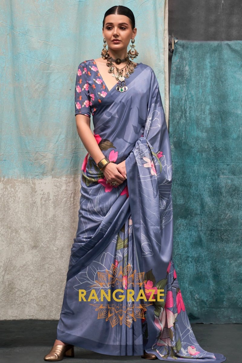 Dusty Blue And Pink Floral Satin Crepe Saree