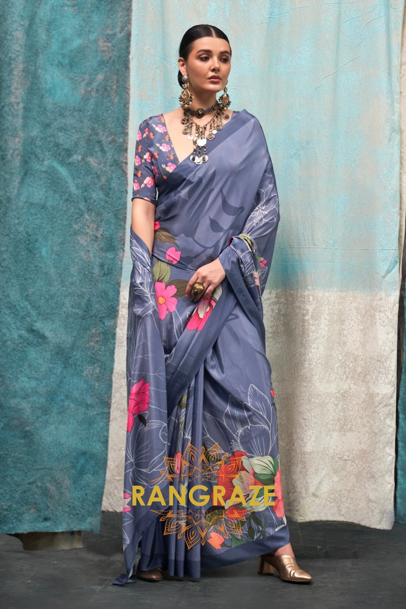Dusty Blue And Pink Floral Satin Crepe Saree