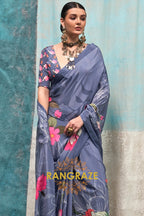Dusty Blue And Pink Floral Satin Crepe Saree