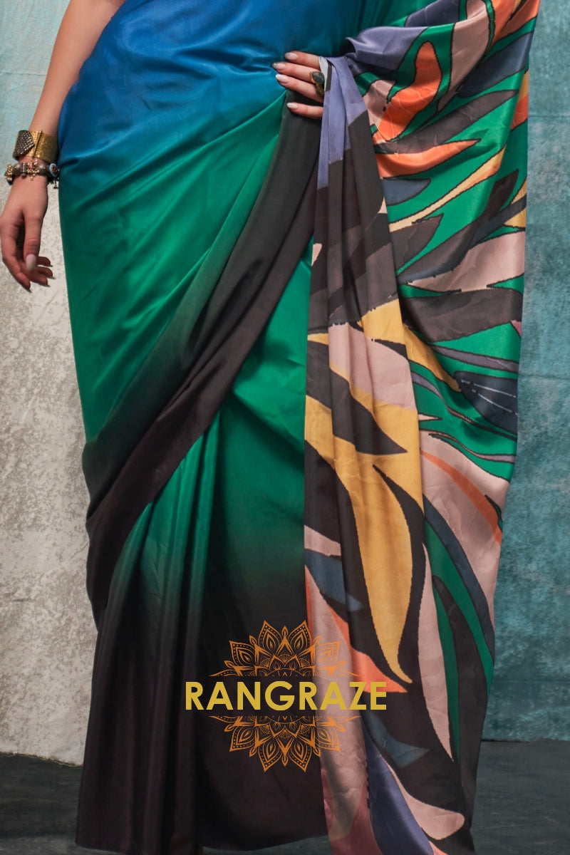 Elegant Blue And Green Printed Satin Crepe Saree