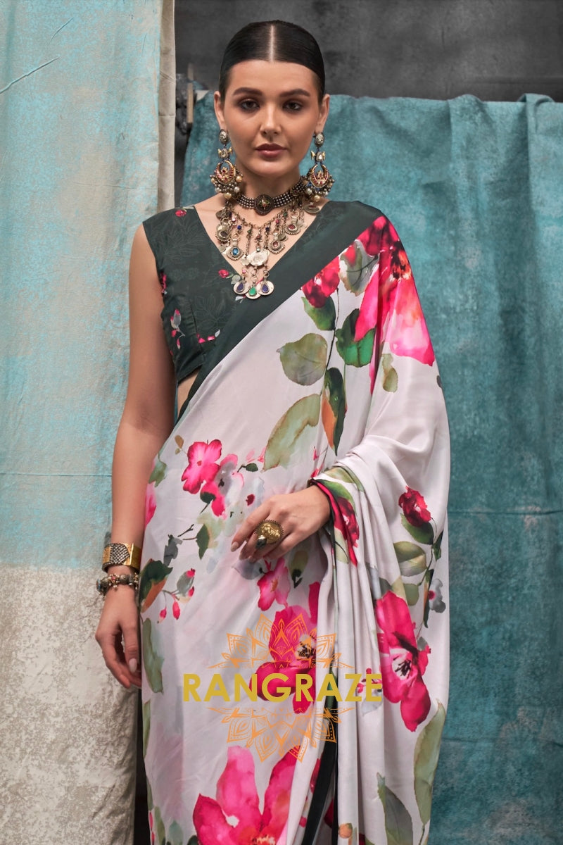 White And Pink Floral Satin Crepe Saree