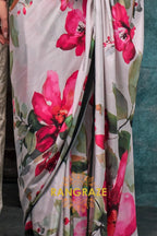 White And Pink Floral Satin Crepe Saree