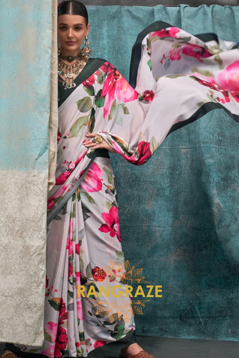 White And Pink Floral Satin Crepe Saree