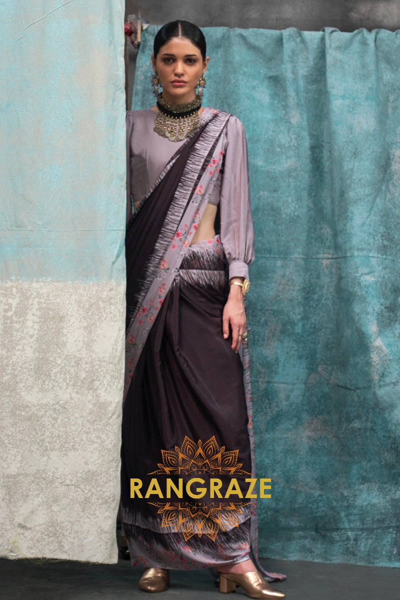 Lavender And Brown Satin Crepe Saree With Floral Accents