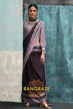 Lavender And Brown Satin Crepe Saree With Floral Accents