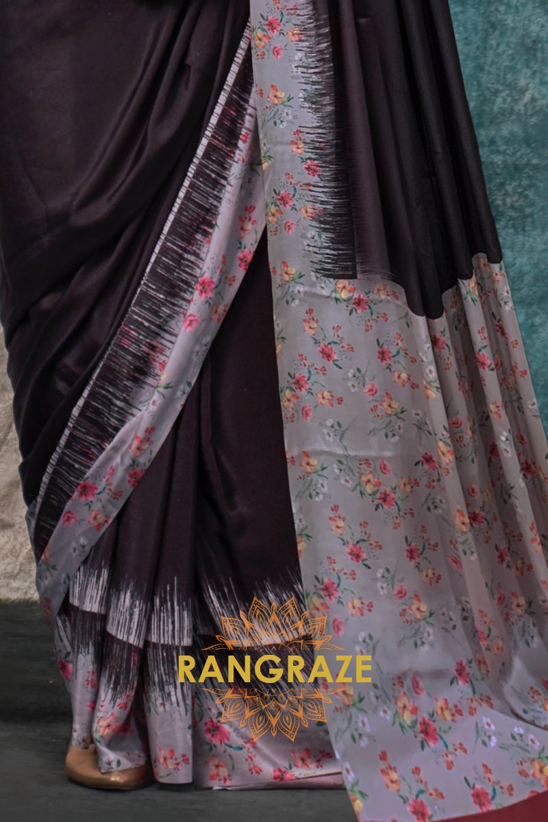 Lavender And Brown Satin Crepe Saree With Floral Accents