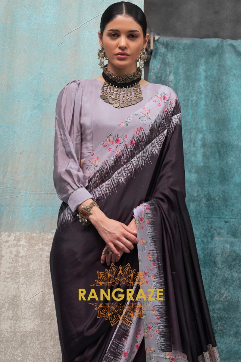 Lavender And Brown Satin Crepe Saree With Floral Accents