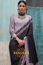 Lavender And Brown Satin Crepe Saree With Floral Accents