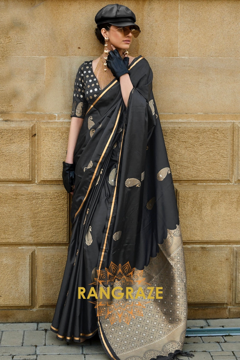 Royal Black Woven Satin Silk Saree