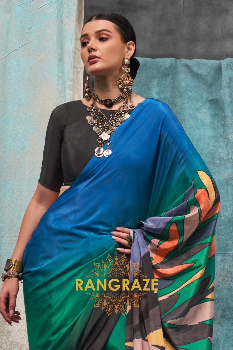 Elegant Blue And Green Printed Satin Crepe Saree