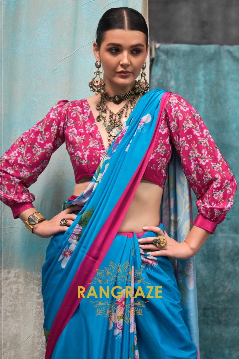 Vibrant Blue And Pink Floral Satin Crepe Saree